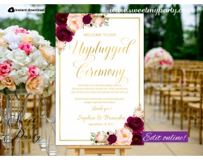 Burgundy Unplgged Ceremony sign,Gold Unplugged Wedding sign,(61cw)